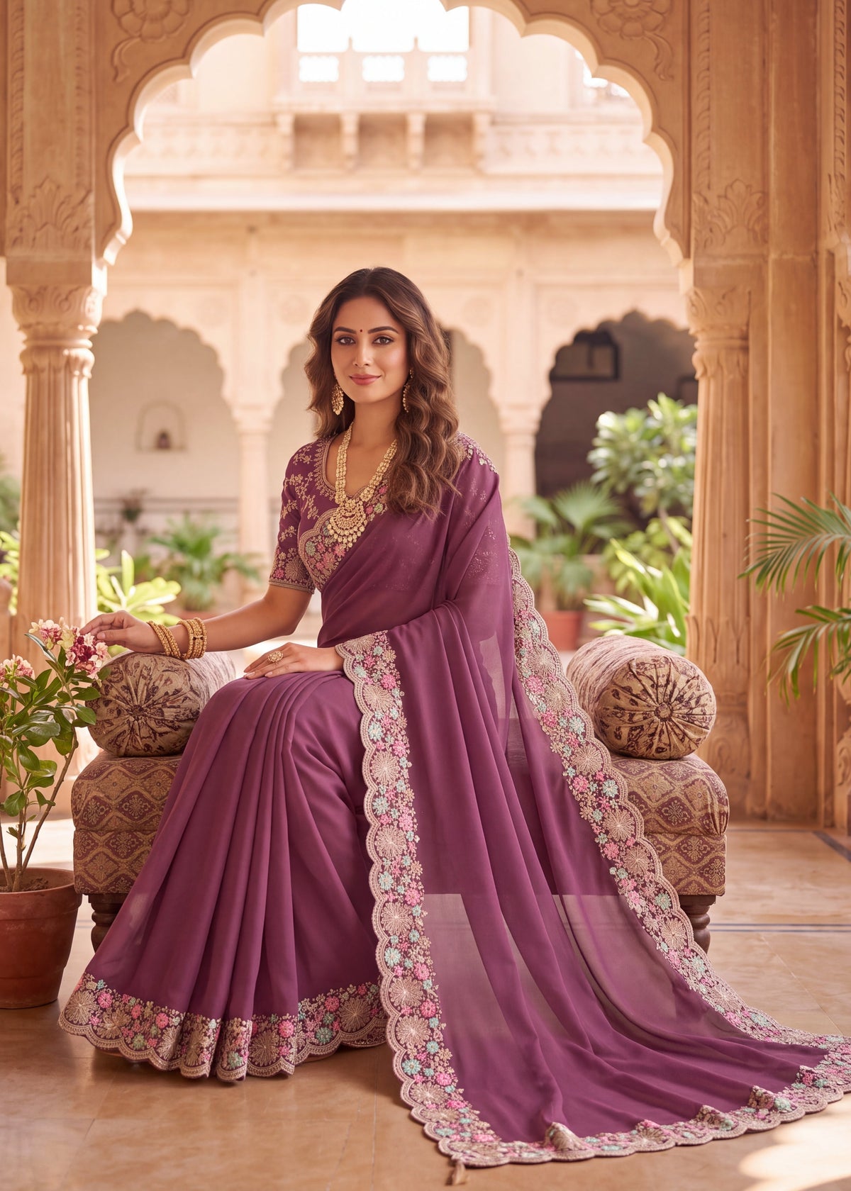 Mauve Floral Embroidered Designer Saree
