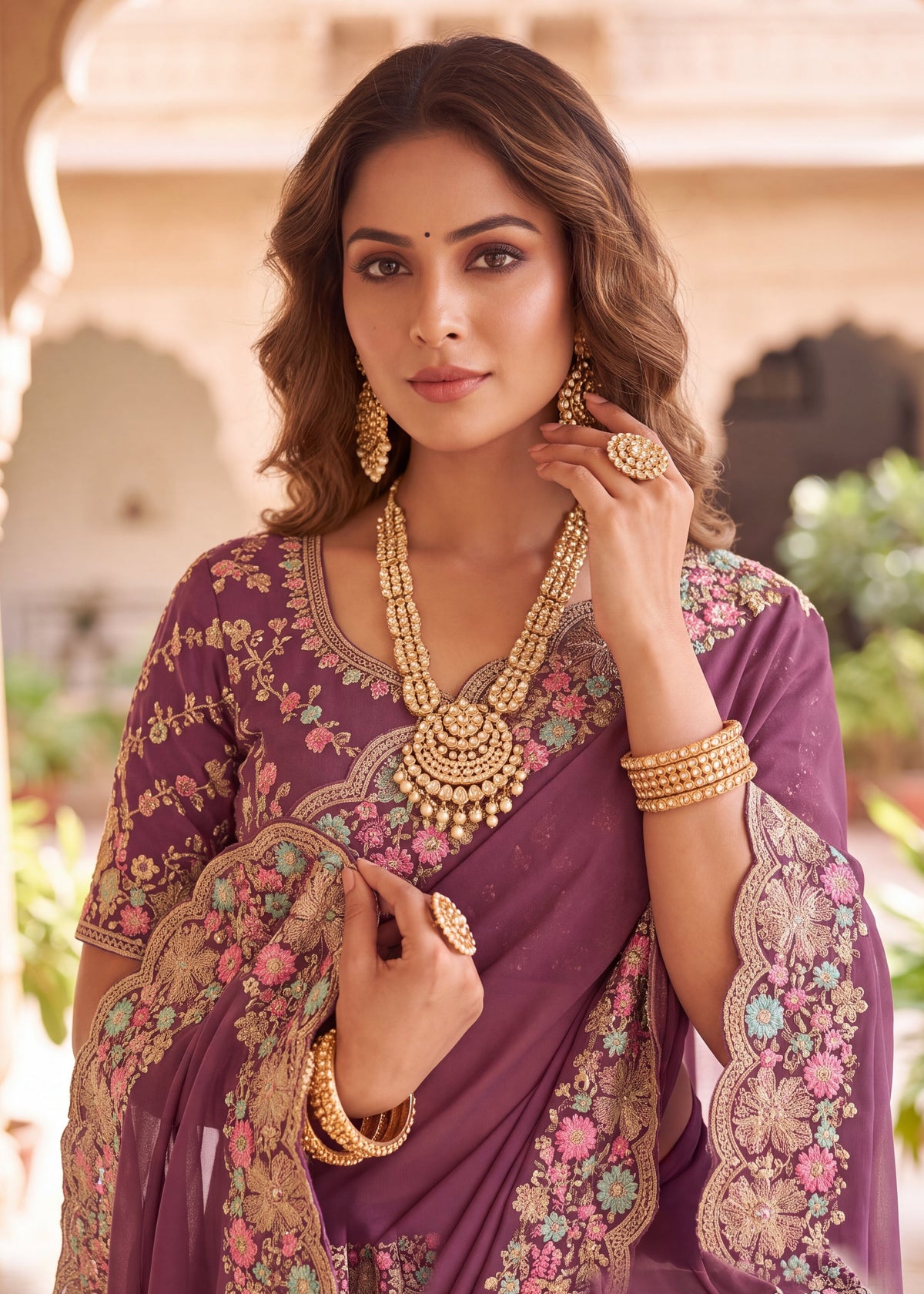 Mauve Floral Embroidered Designer Saree