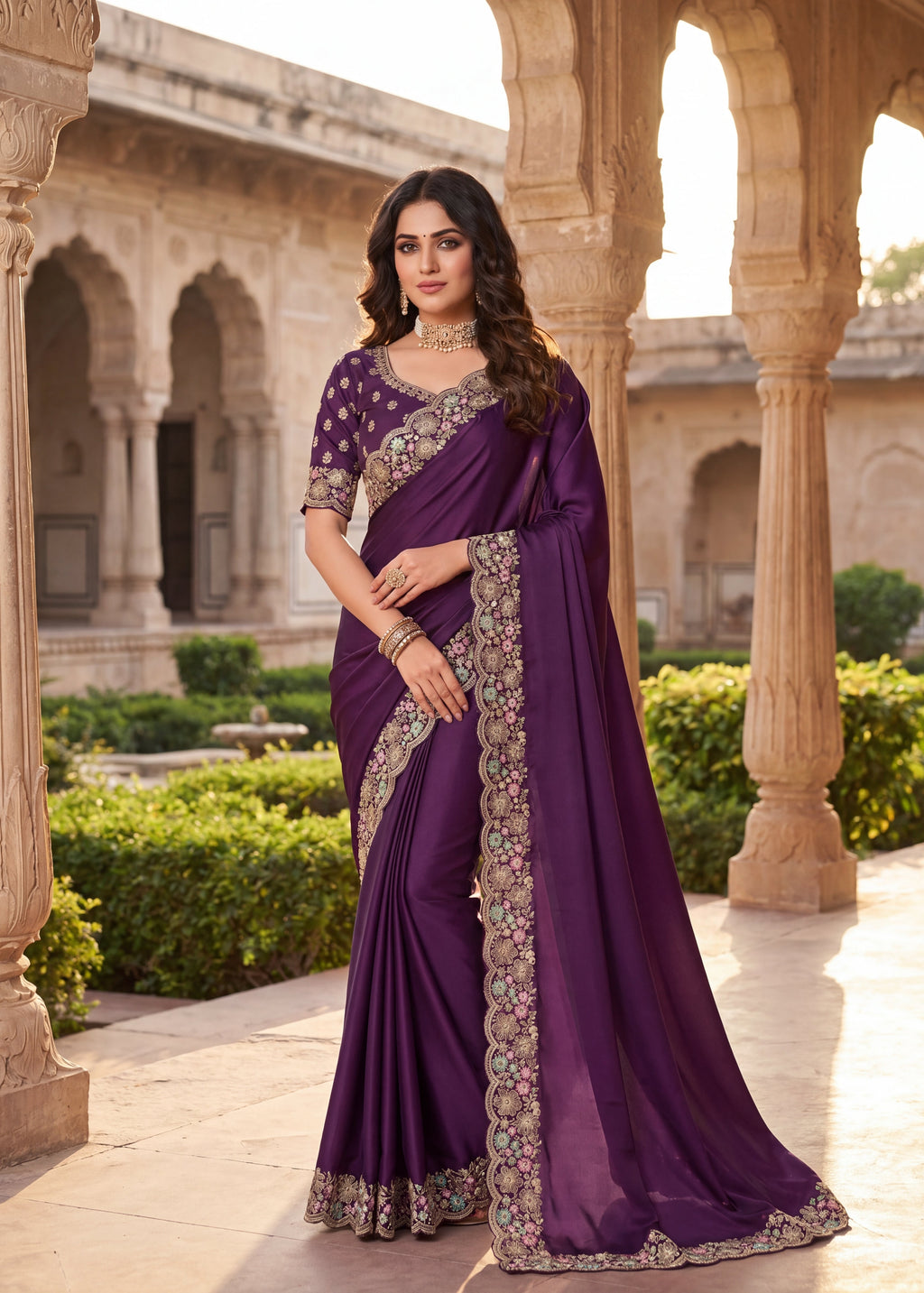 Mauve Floral Embroidered Designer Saree