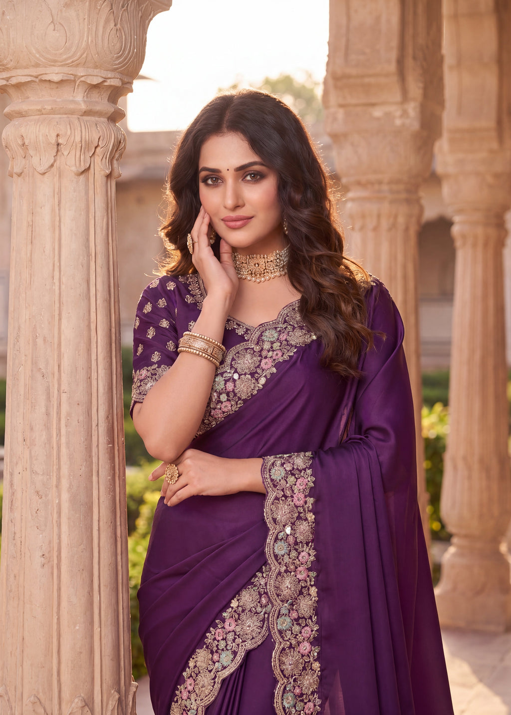 Mauve Floral Embroidered Designer Saree