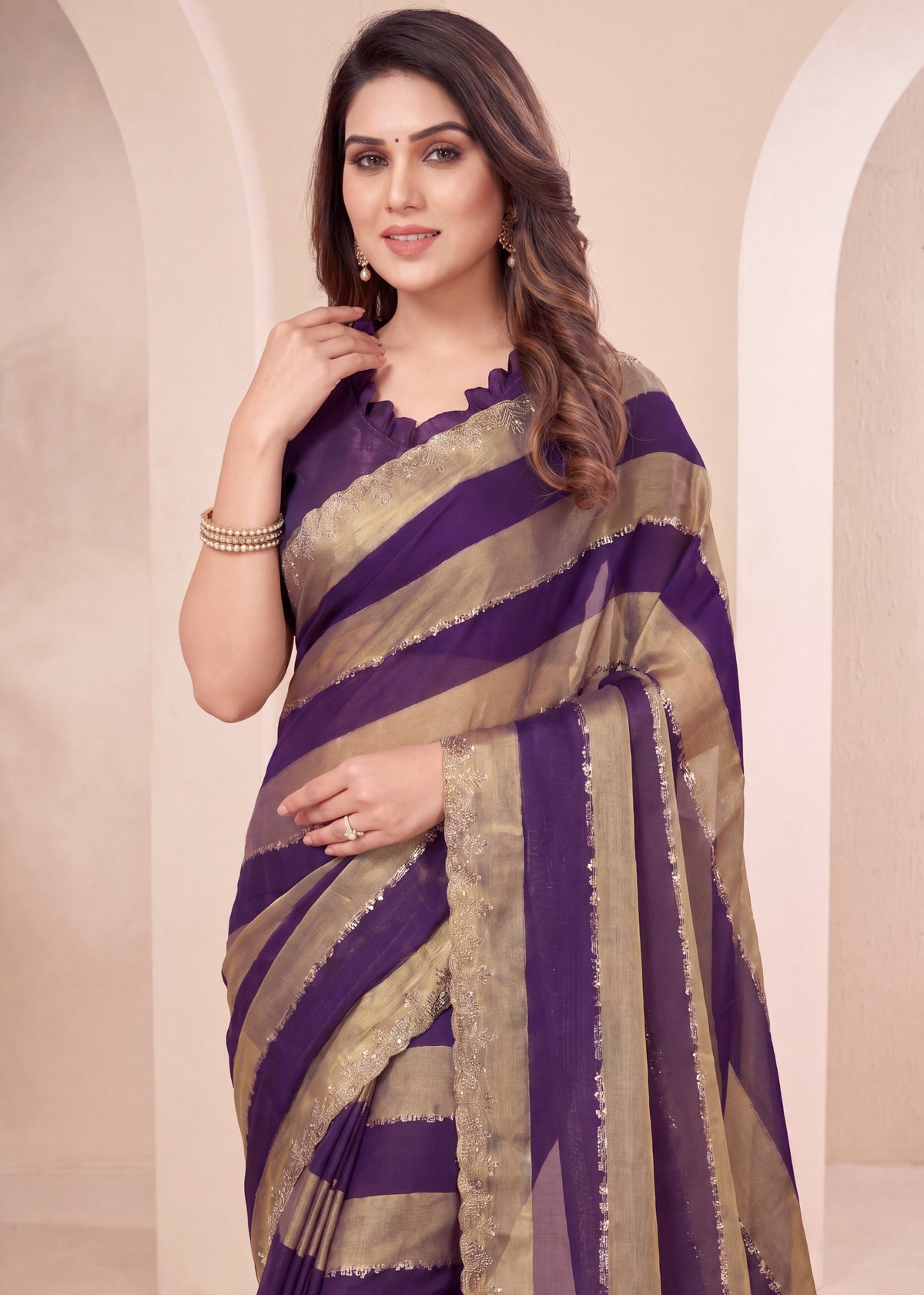 Golden Stripes Silver Zari Luxe Designer Satin Saree