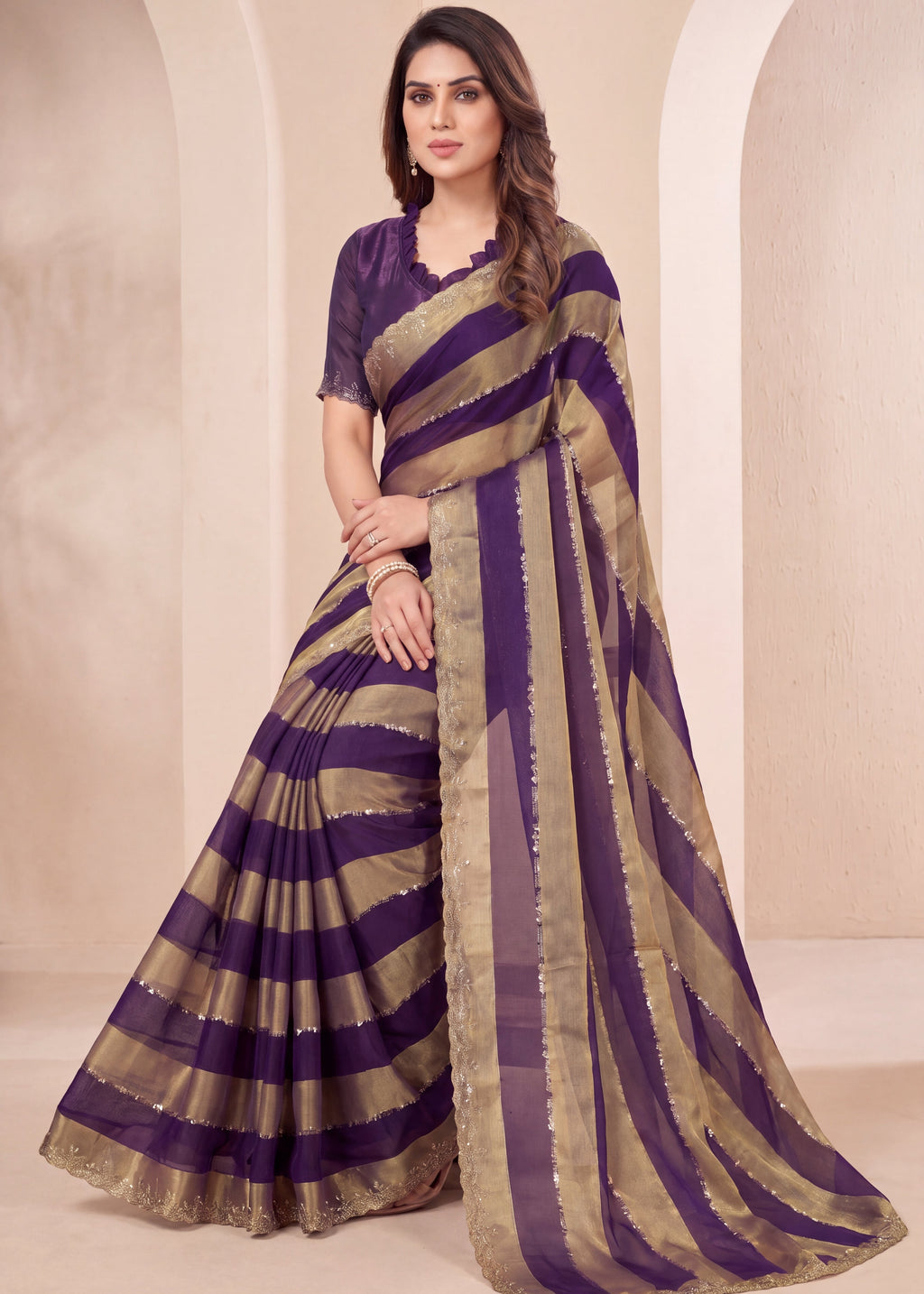 Golden Stripes Silver Zari Luxe Designer Satin Saree