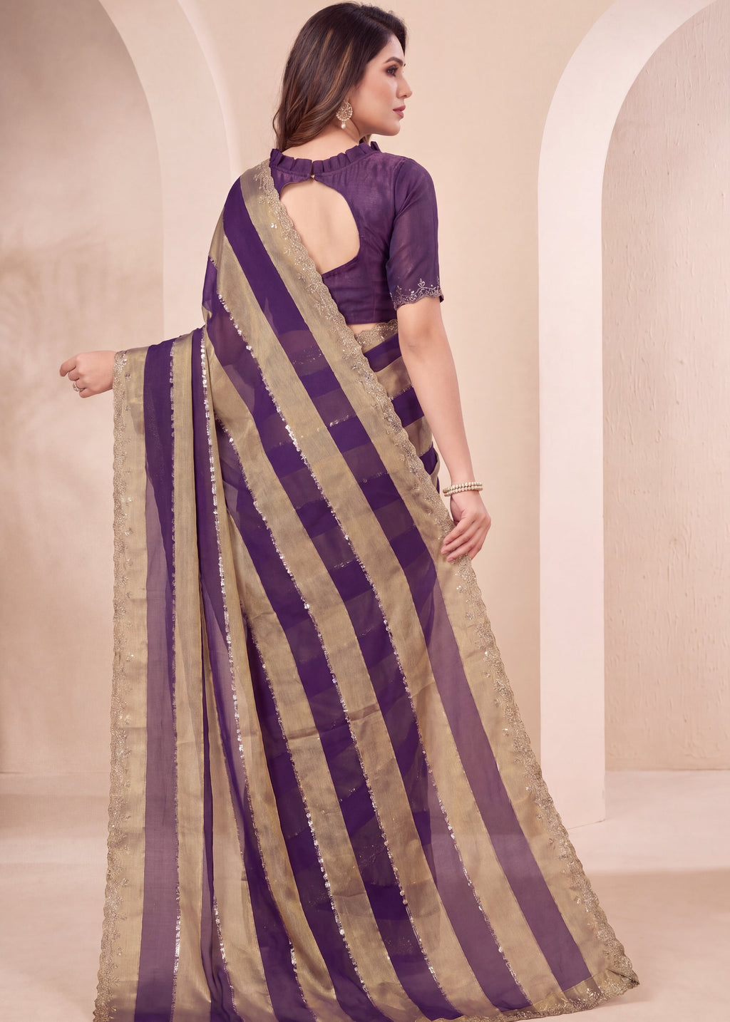 Golden Stripes Silver Zari Luxe Designer Satin Saree