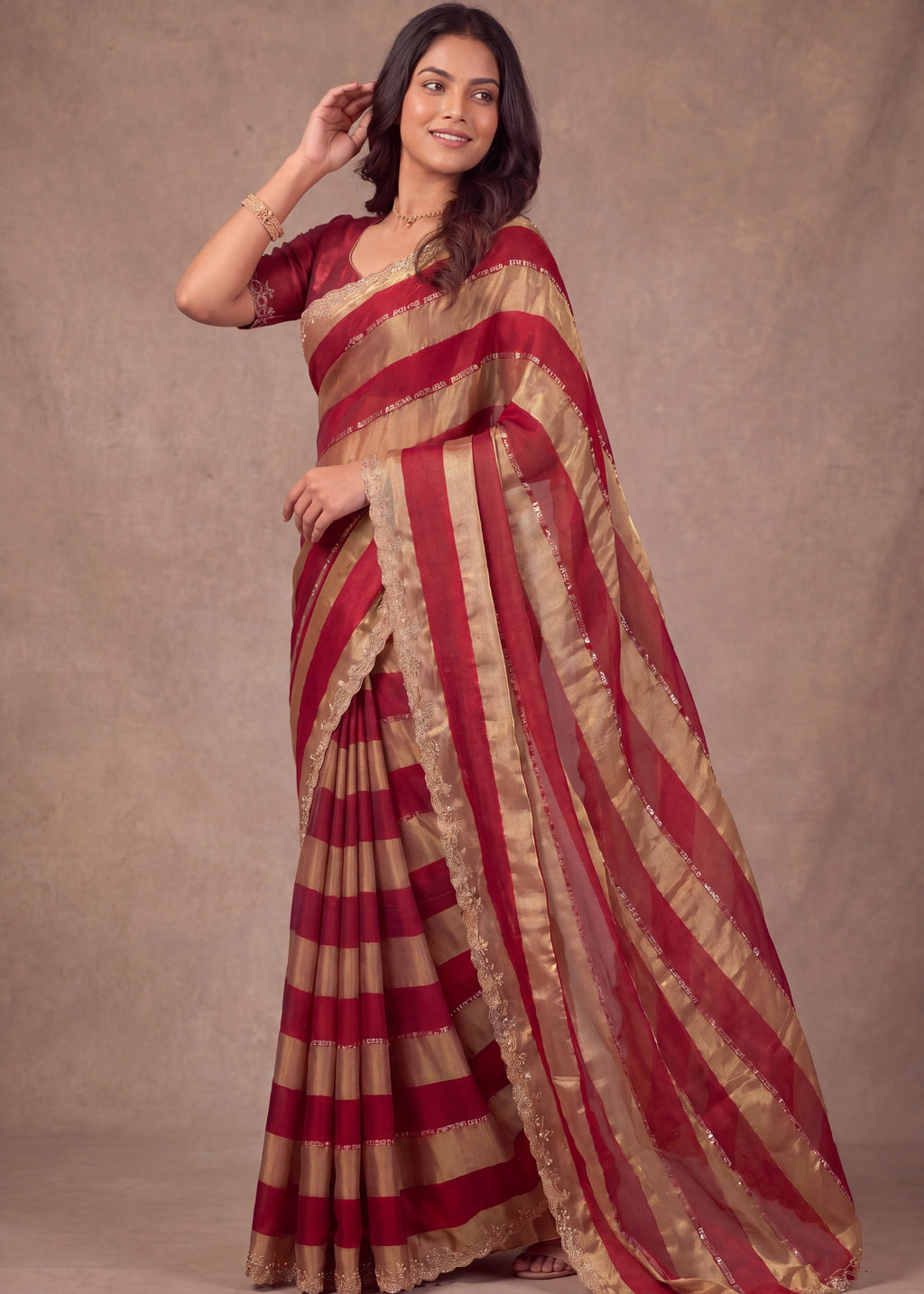 Golden Stripes Silver Zari Luxe Designer Satin Saree