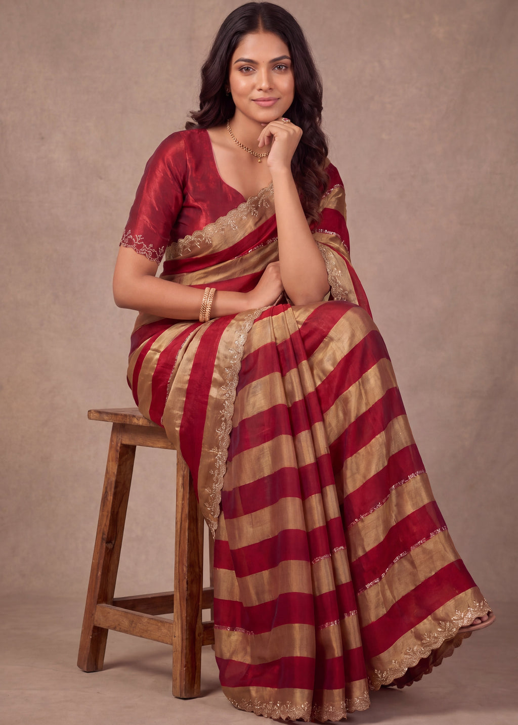 Golden Stripes Silver Zari Luxe Designer Satin Saree