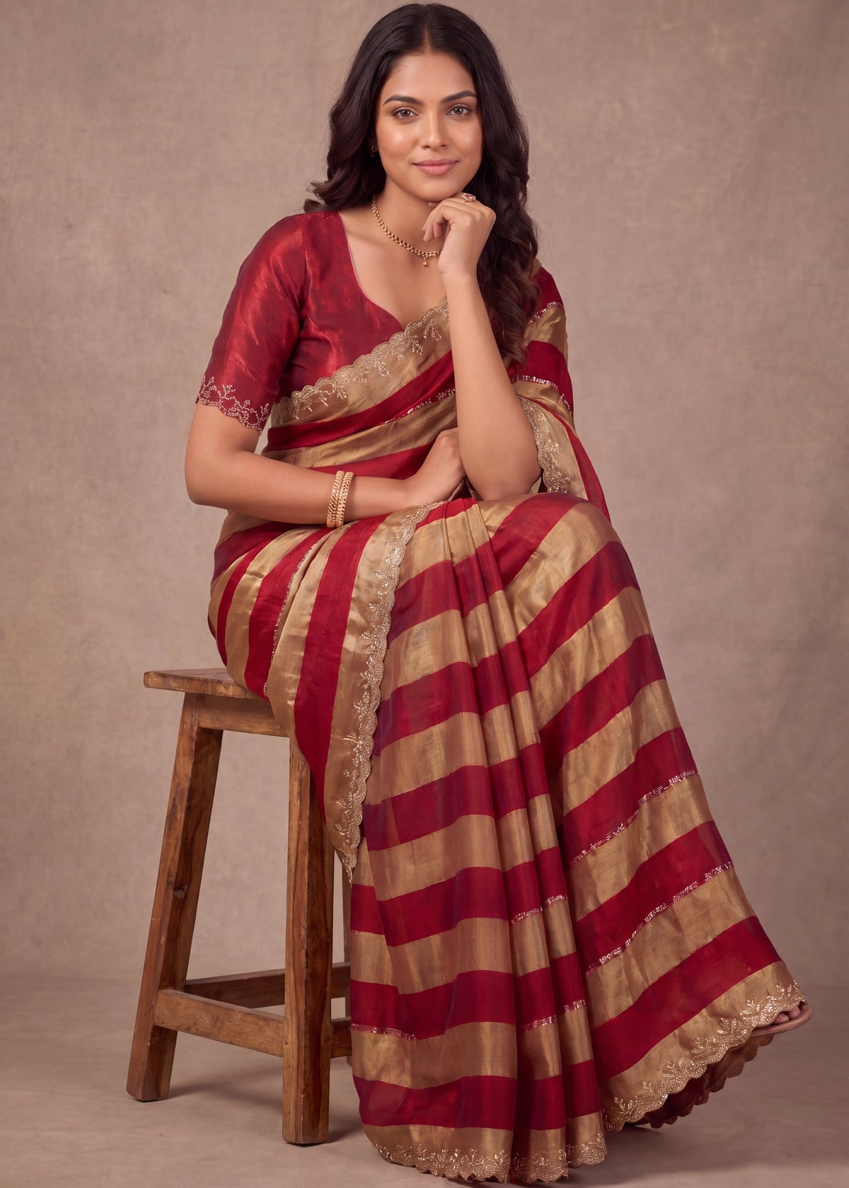 Golden Stripes Silver Zari Luxe Designer Satin Saree