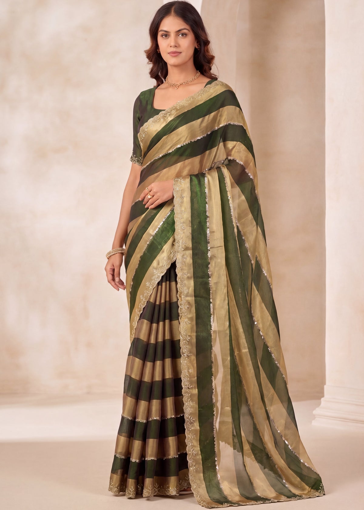Golden Stripes Silver Zari Luxe Designer Satin Saree