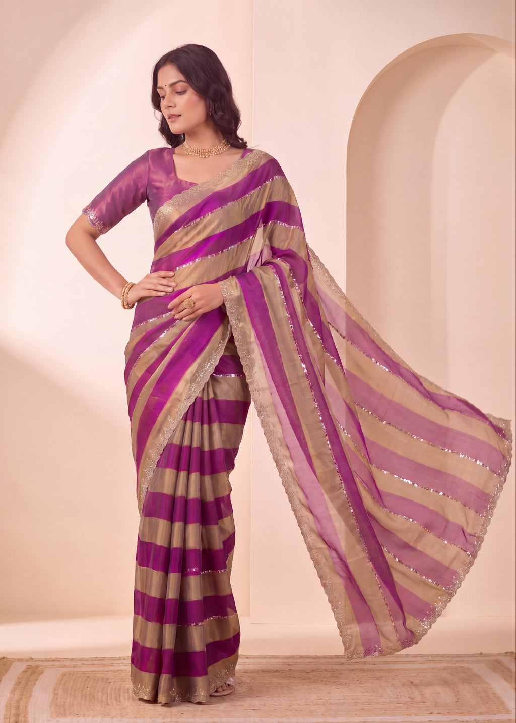 Golden Stripes Silver Zari Luxe Designer Satin Saree