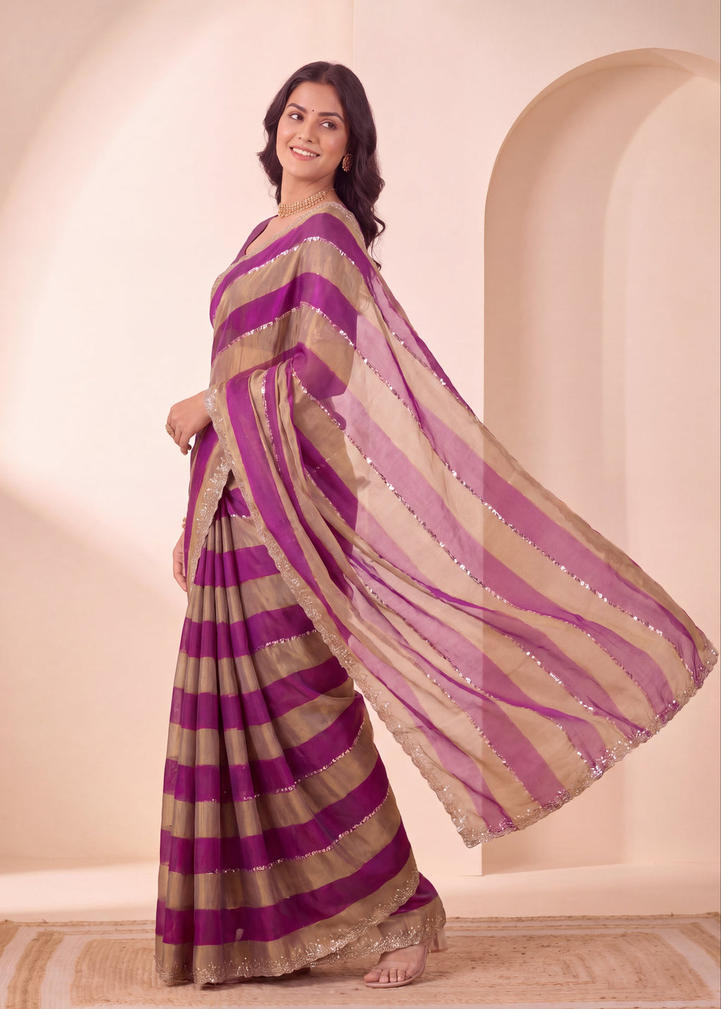 Golden Stripes Silver Zari Luxe Designer Satin Saree