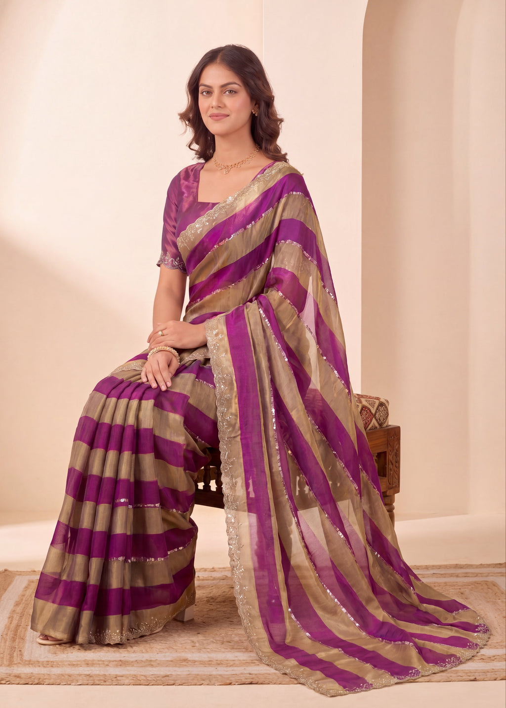 Golden Stripes Silver Zari Luxe Designer Satin Saree