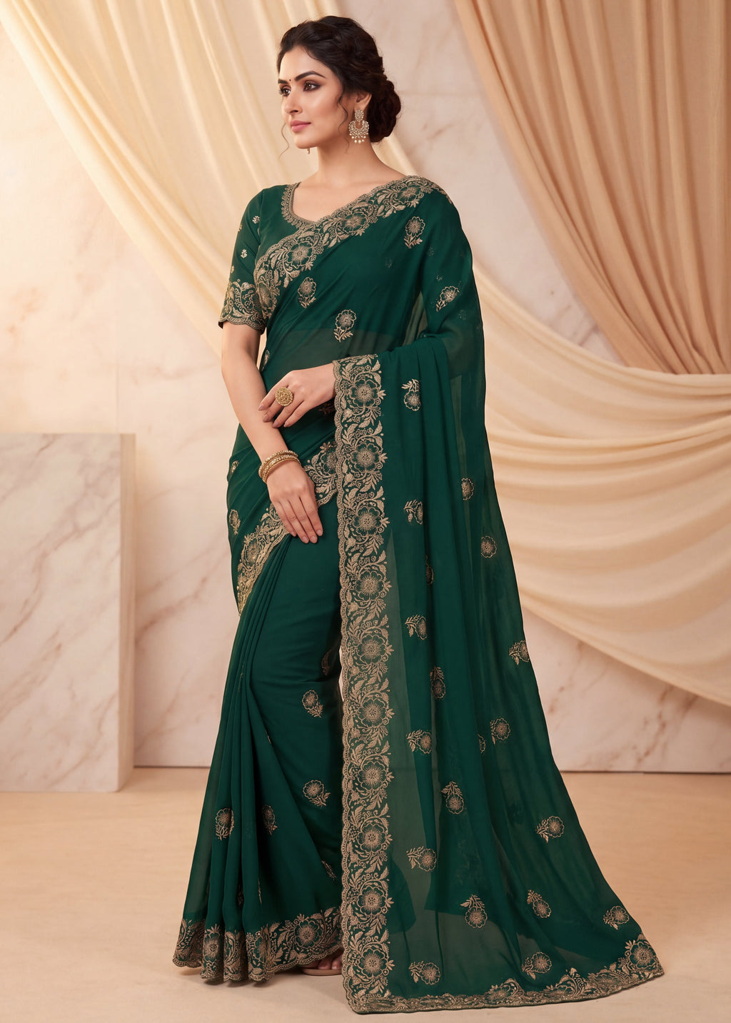 Graceful Emerald Chiffon Embroidered Saree
