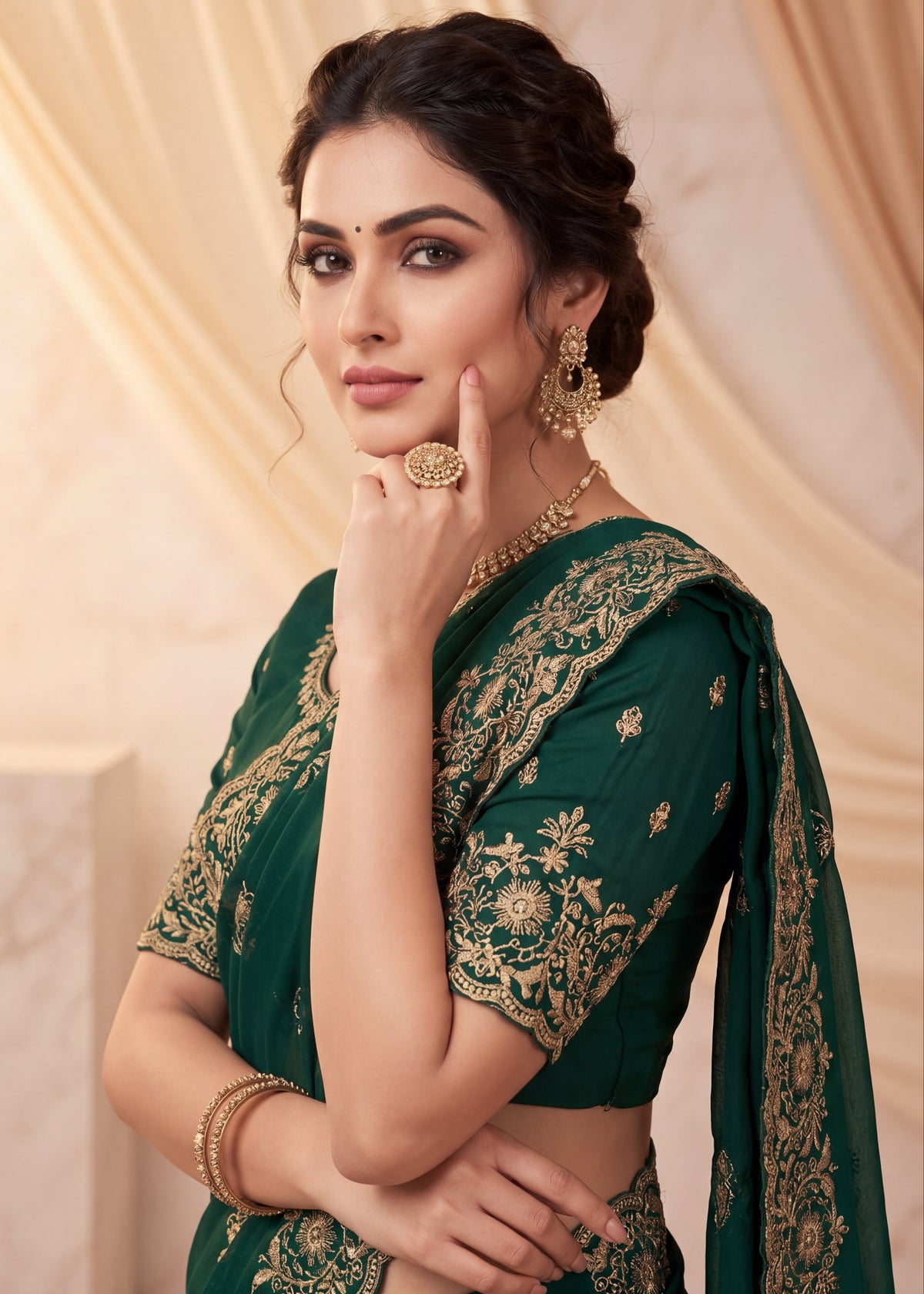 Graceful Emerald Chiffon Embroidered Saree