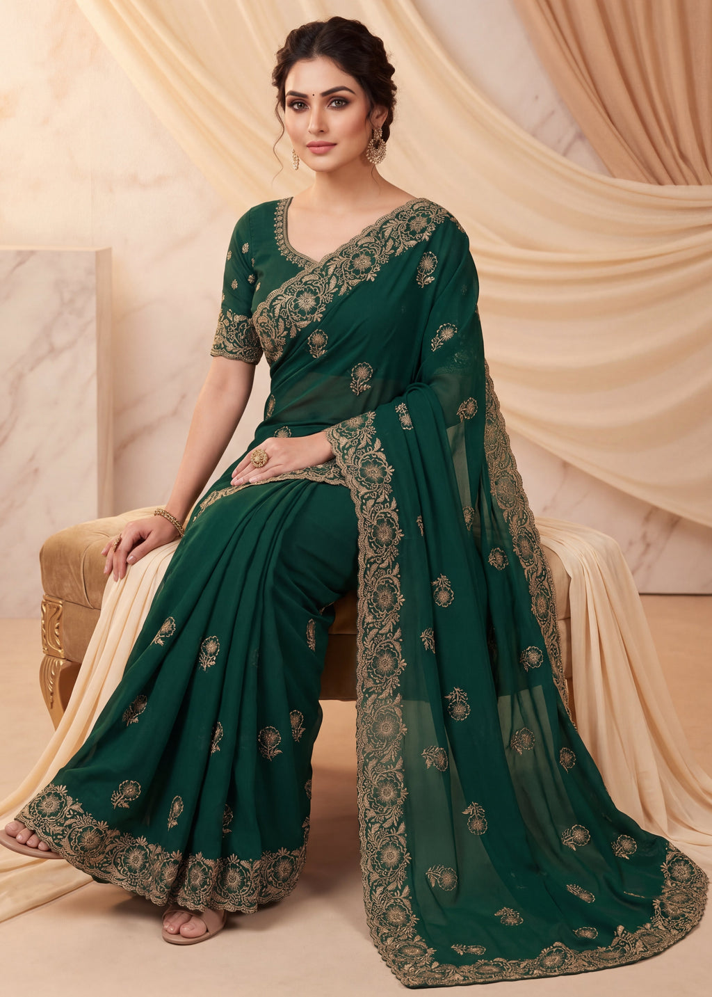 Graceful Emerald Chiffon Embroidered Saree