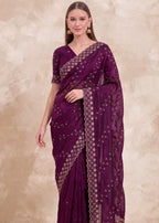 Floral Embroidered NC Satin Saree with Designer Border