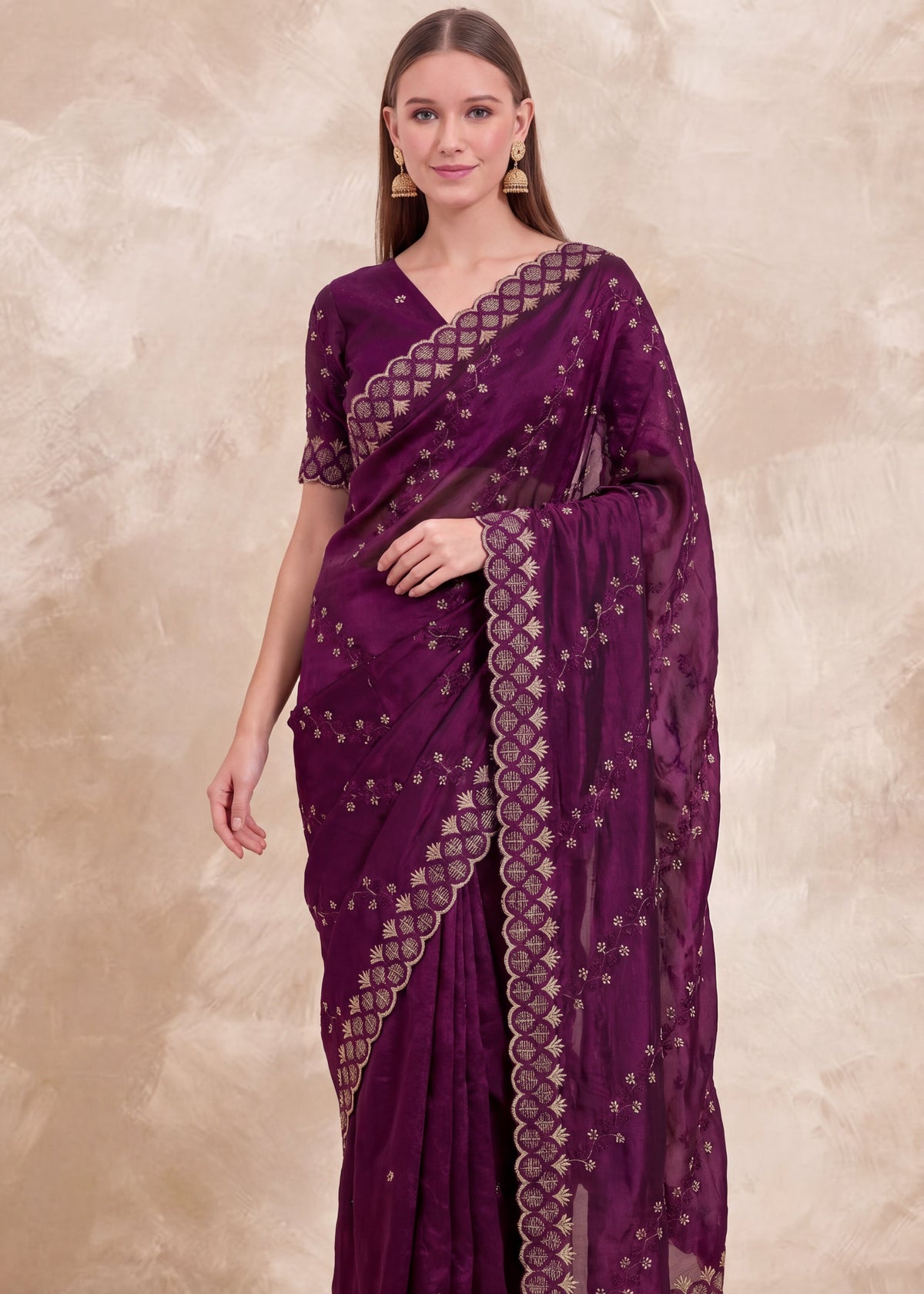Floral Embroidered NC Satin Saree with Designer Border