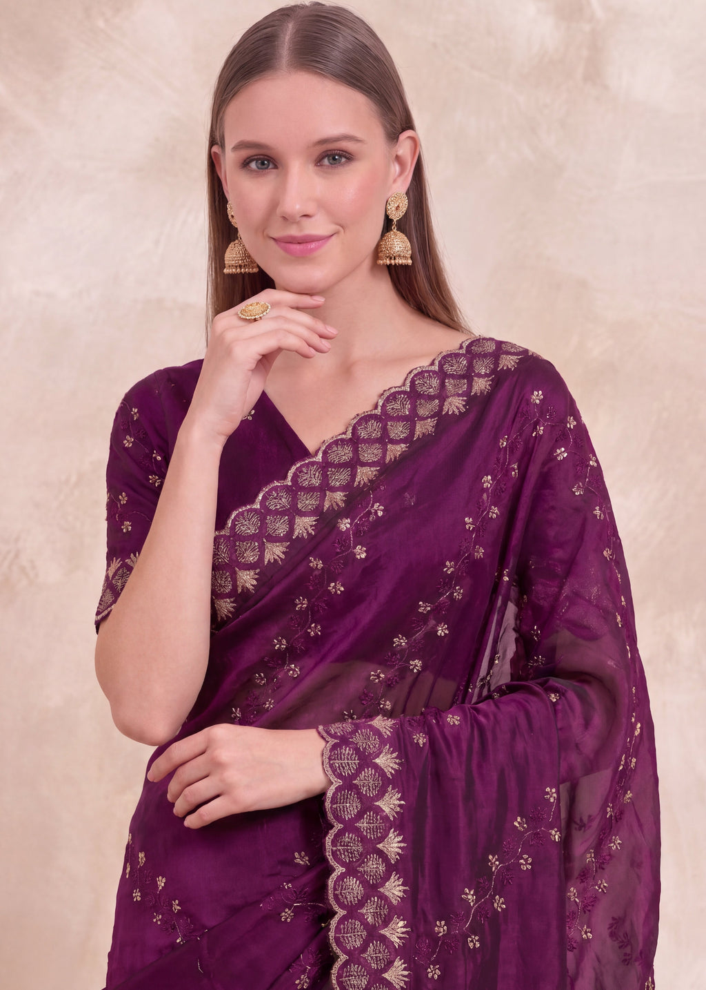 Floral Embroidered NC Satin Saree with Designer Border