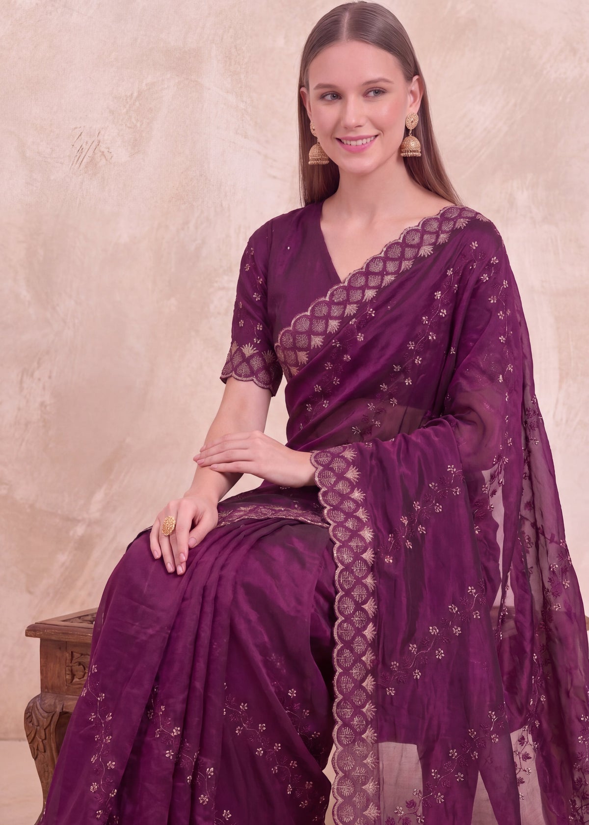 Floral Embroidered NC Satin Saree with Designer Border
