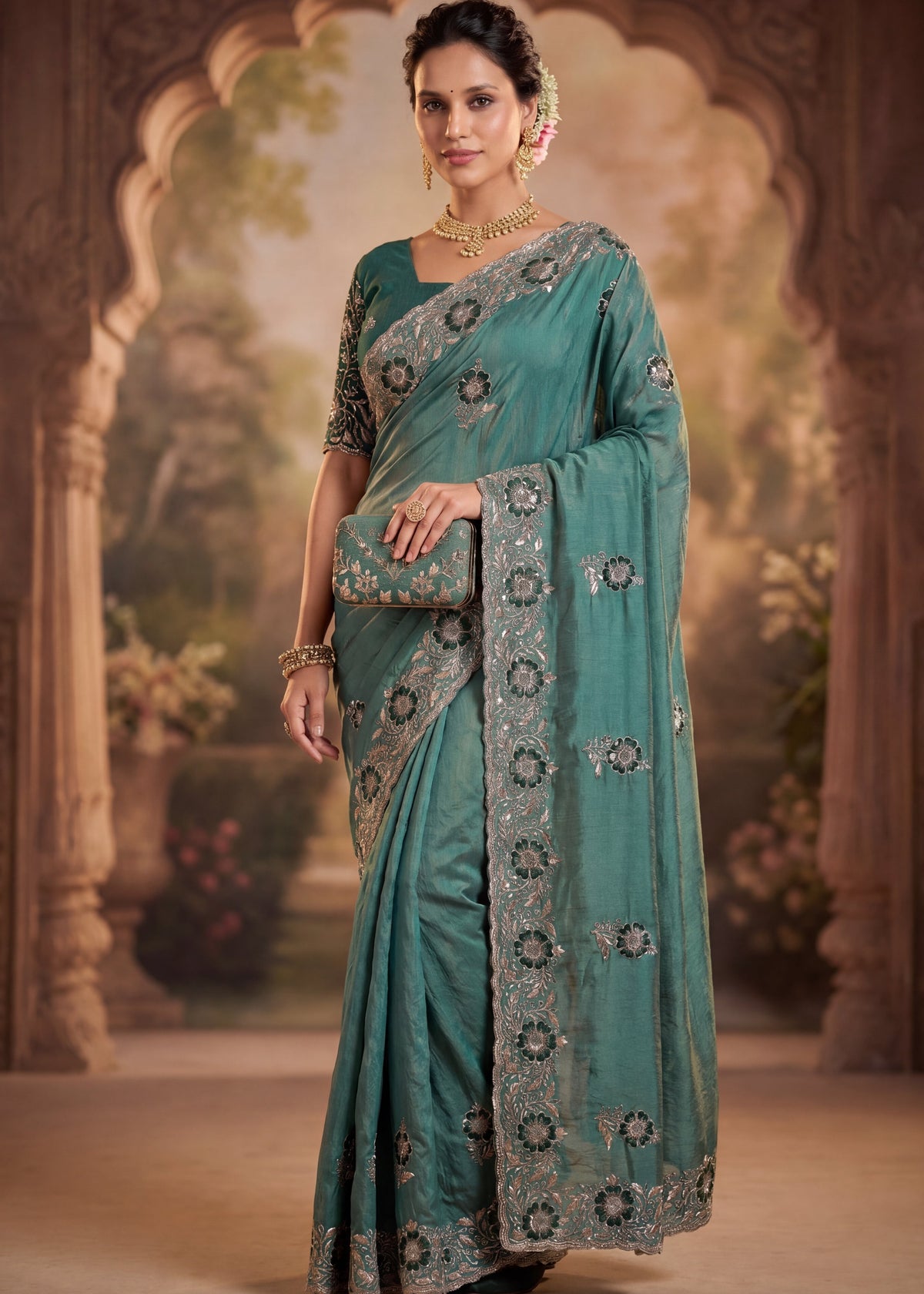 Graceful Emerald Chiffon Embroidered Saree