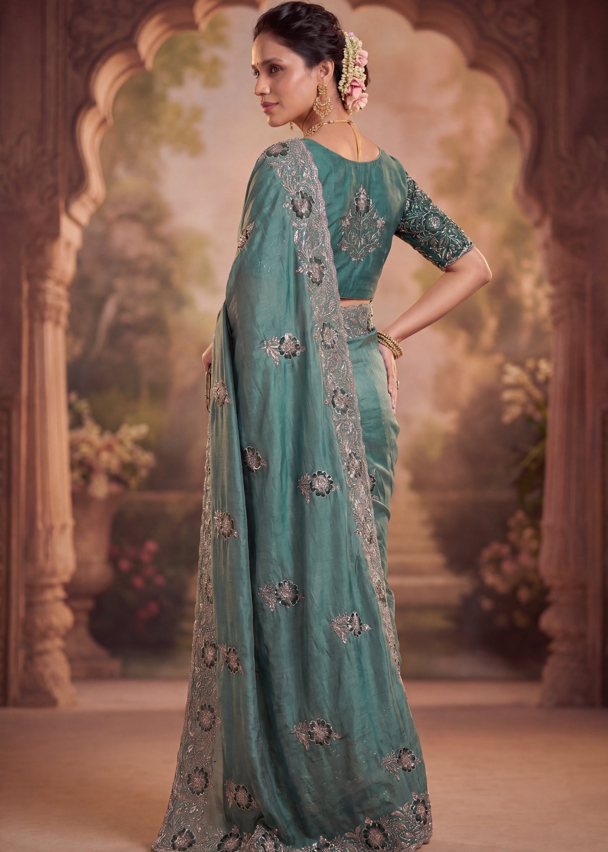 Graceful Emerald Chiffon Embroidered Saree