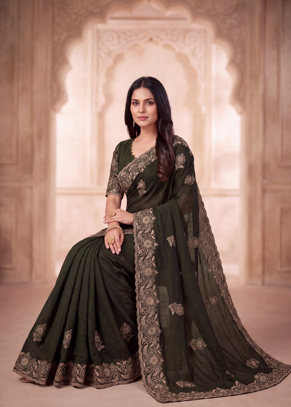 Graceful Emerald Chiffon Embroidered Saree