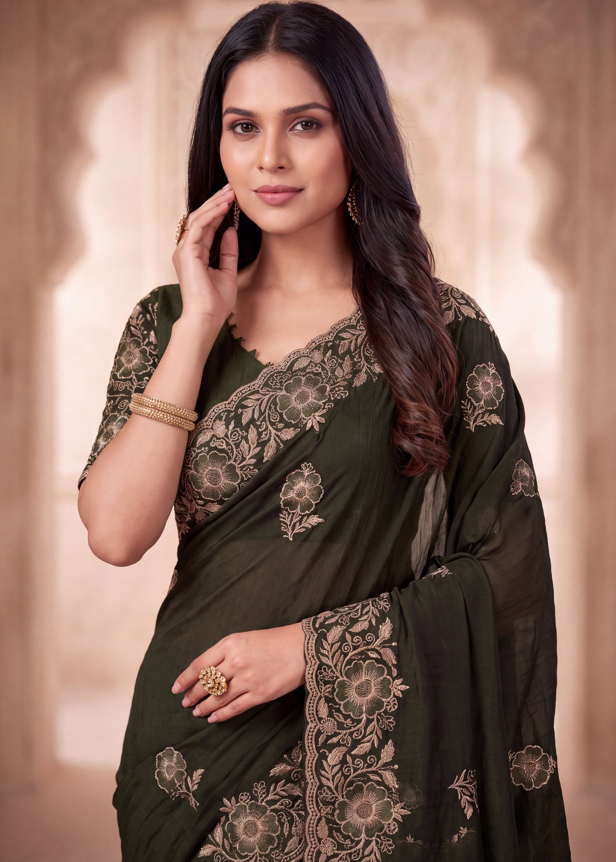 Graceful Emerald Chiffon Embroidered Saree