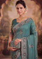 Graceful Emerald Chiffon Embroidered Saree