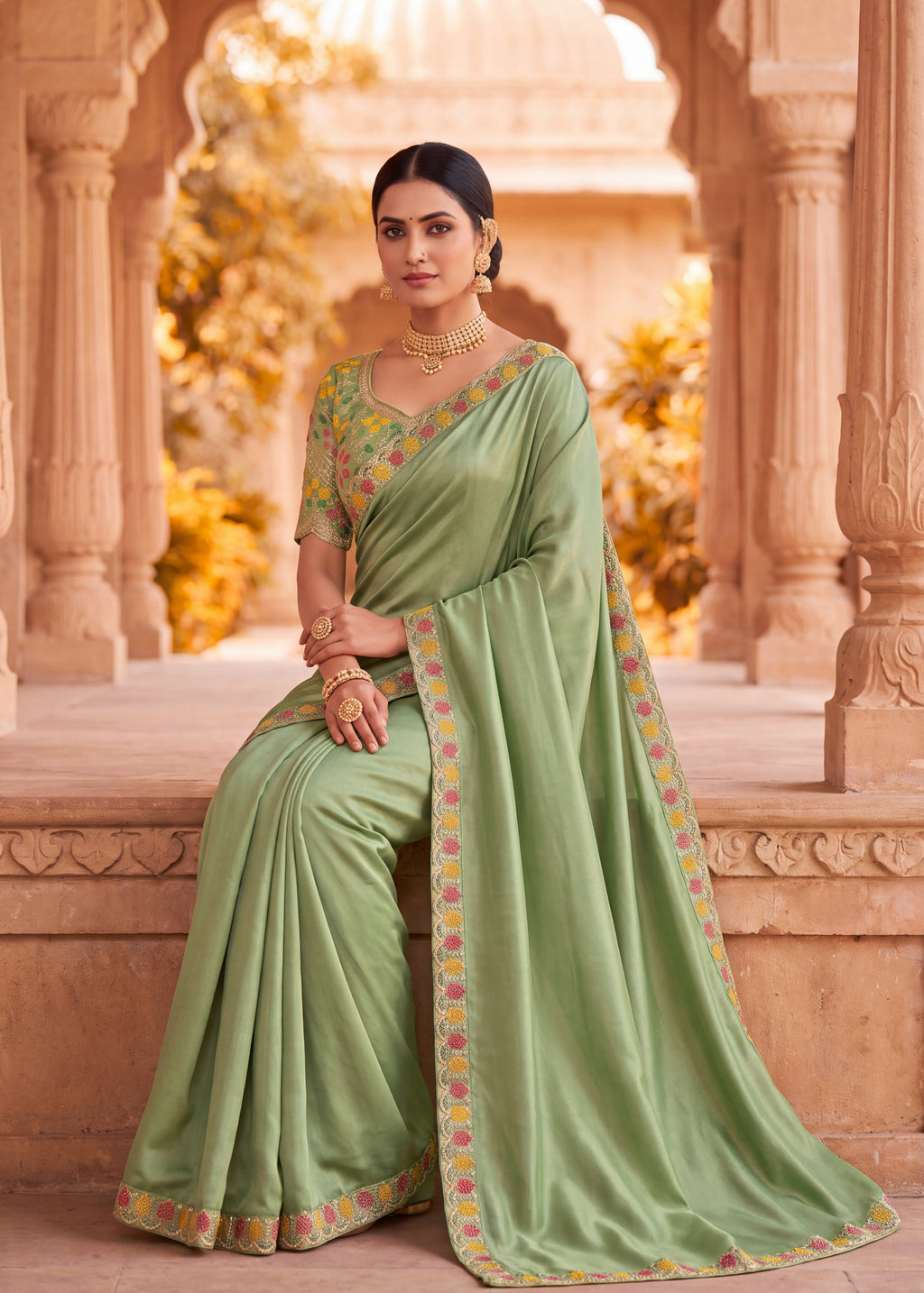 Floral Embroidered Saree with Scalloped Border