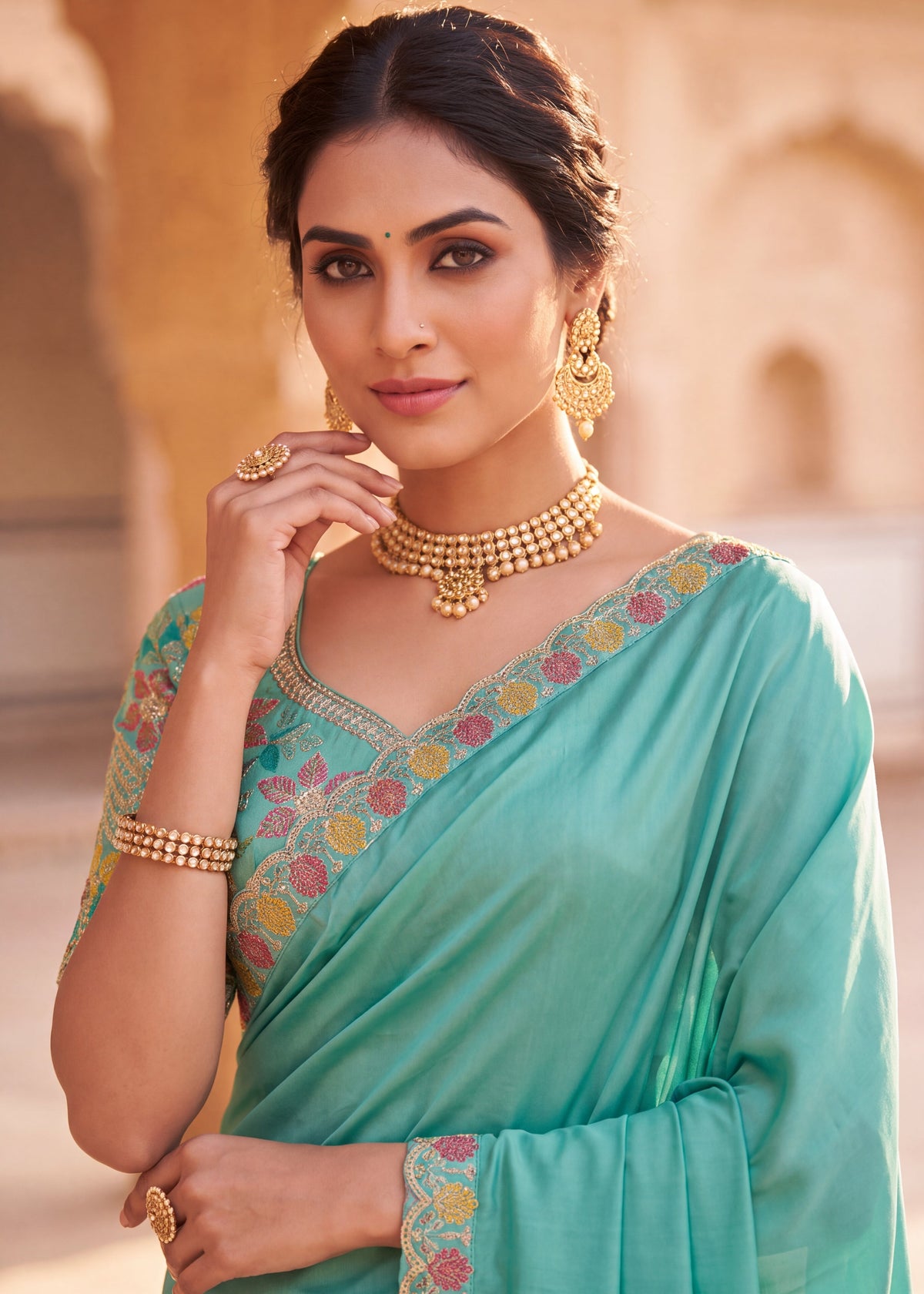Floral Embroidered Saree with Scalloped Border