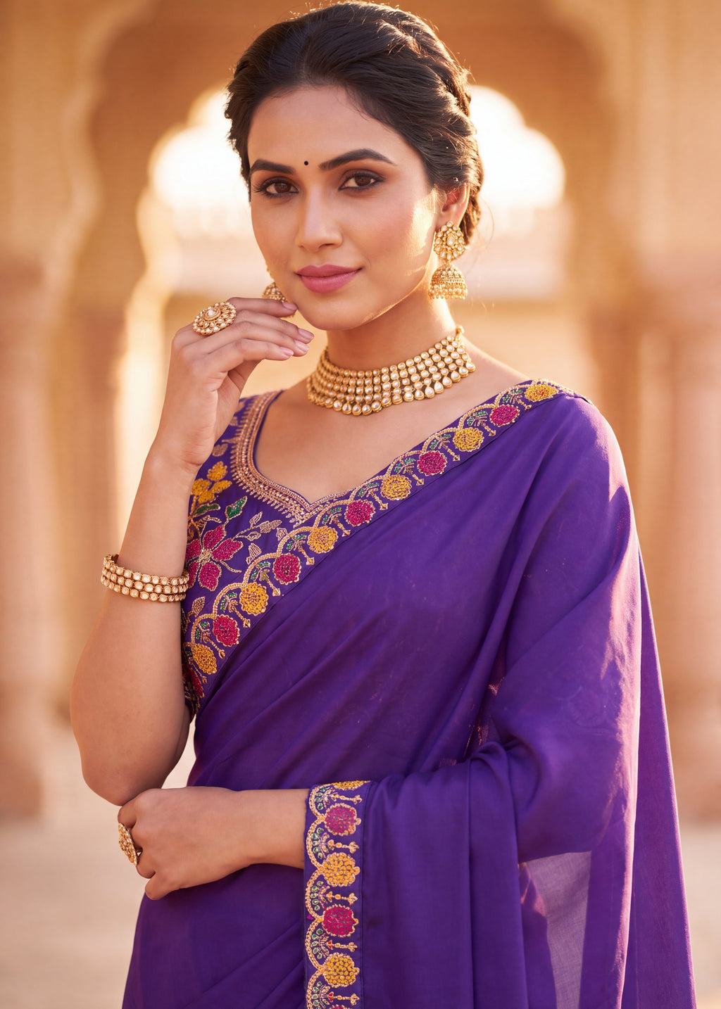 Floral Embroidered Saree with Scalloped Border