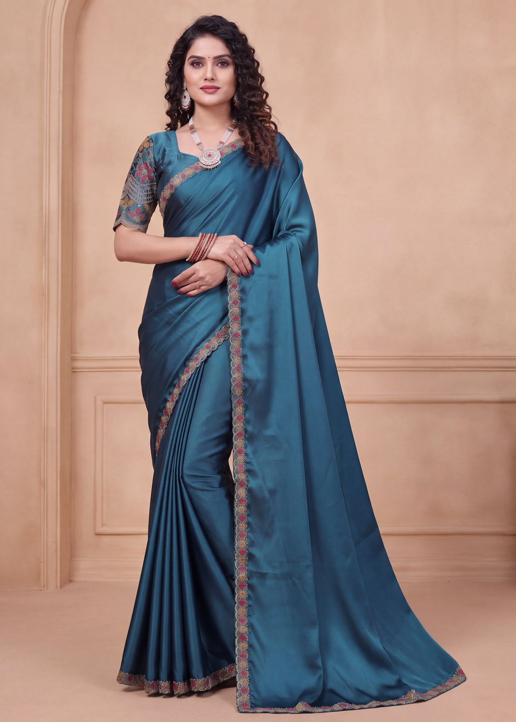 Floral Embroidered Saree with Scalloped Border