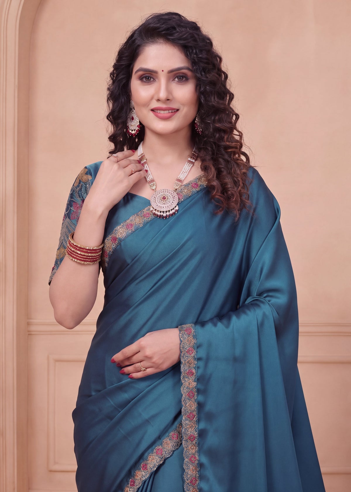 Floral Embroidered Saree with Scalloped Border