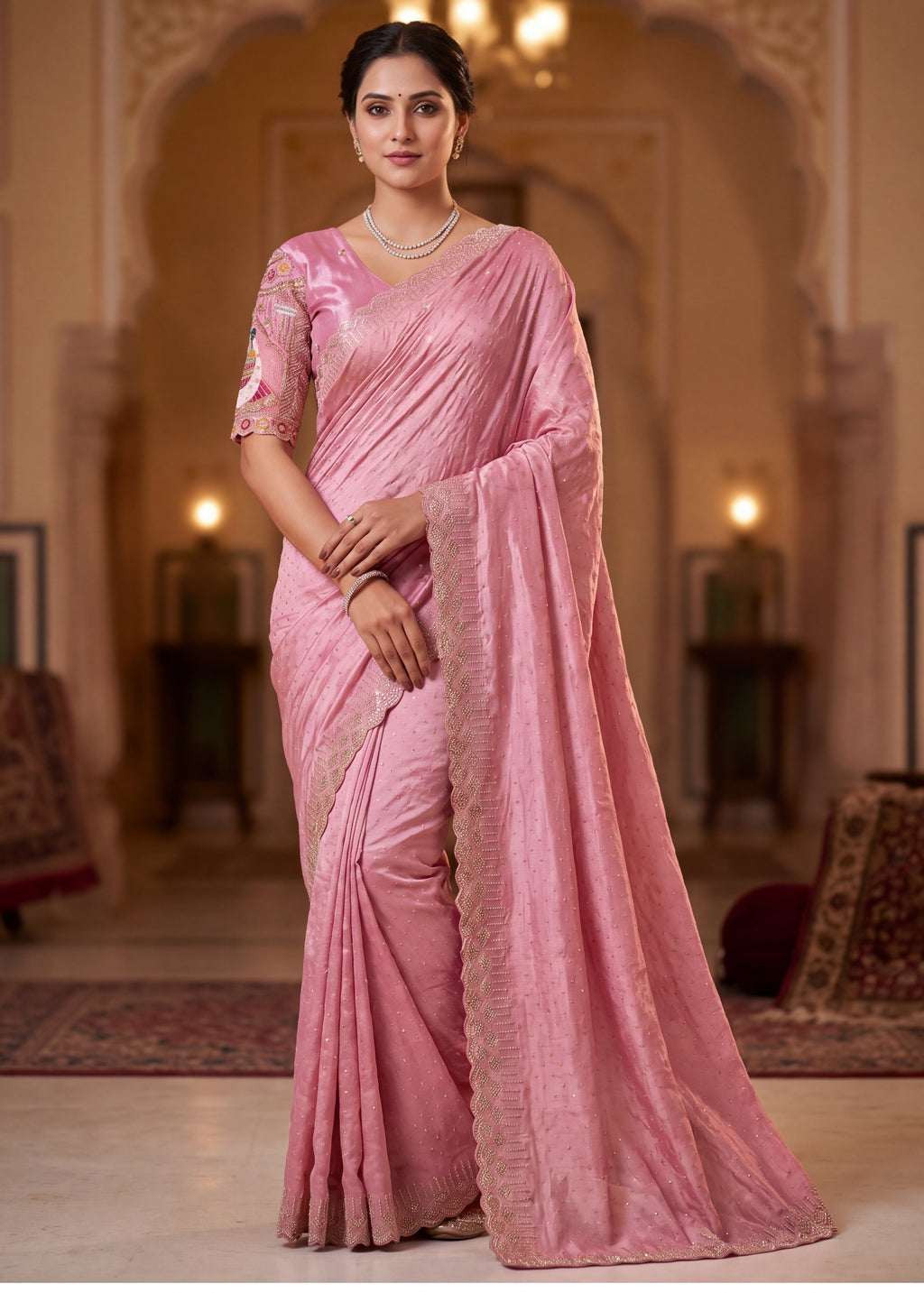 Pearl-Embellished Scalloped Border Saree