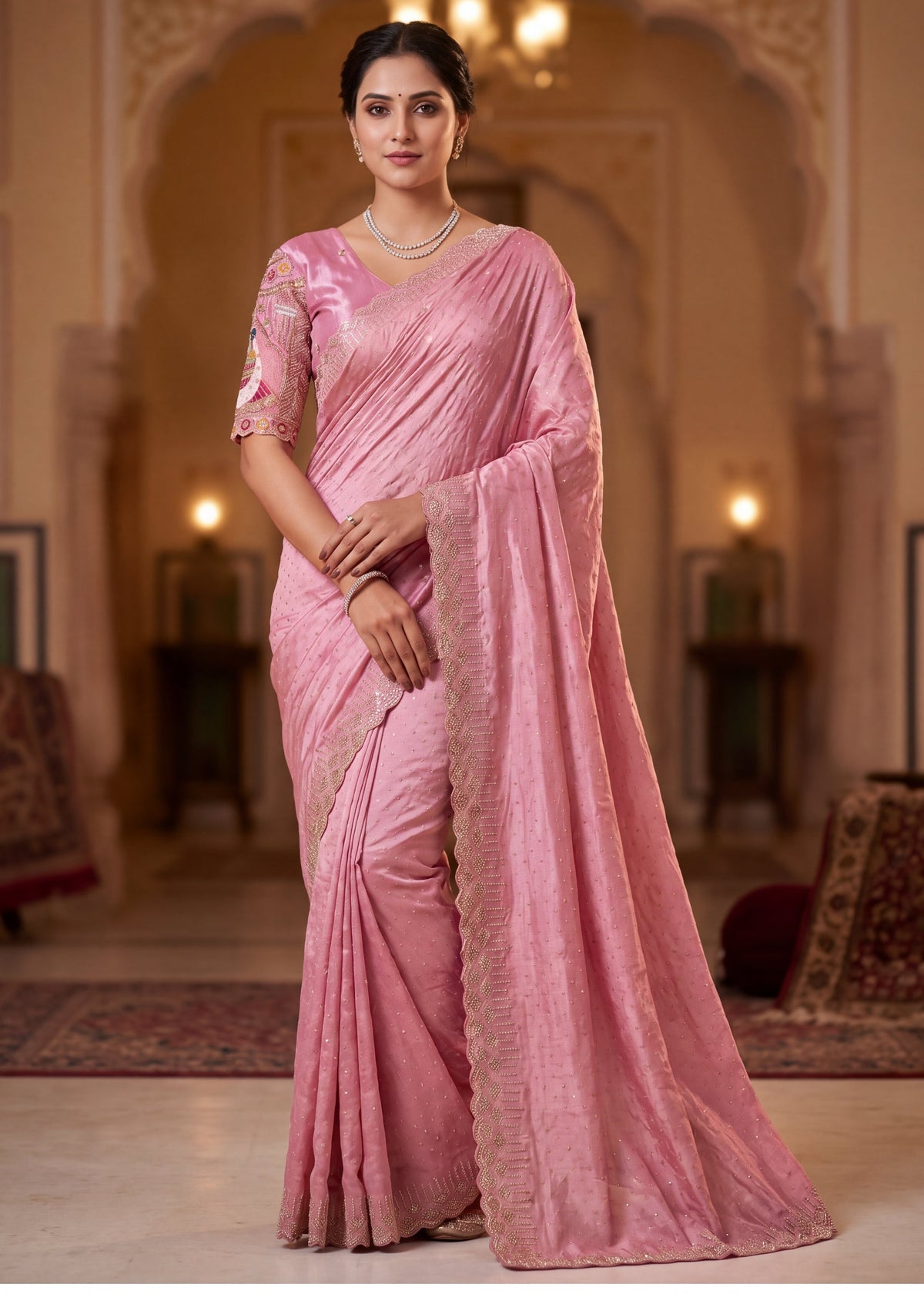 Pearl-Embellished Scalloped Border Saree