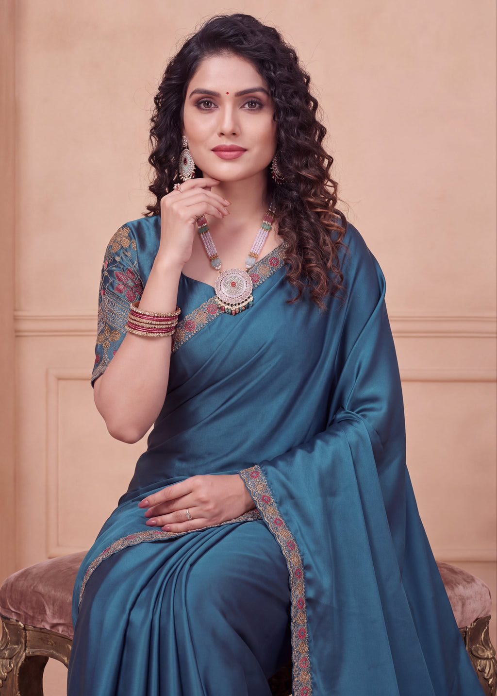 Floral Embroidered Saree with Scalloped Border