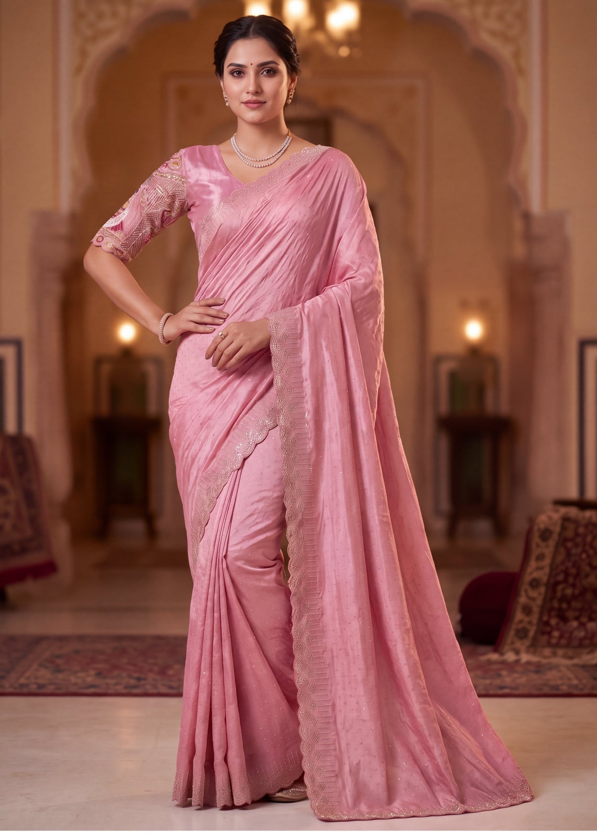 Pearl-Embellished Scalloped Border Saree