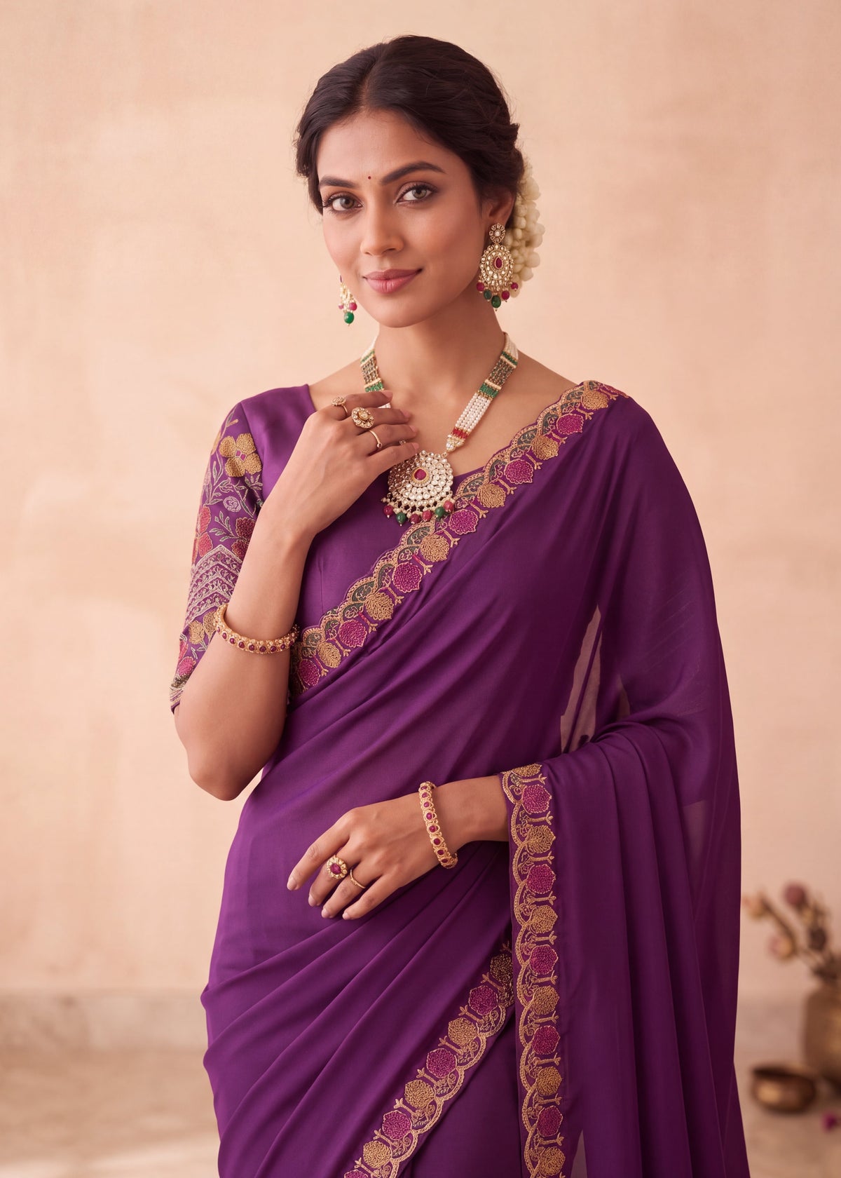 Floral Embroidered Saree with Scalloped Border