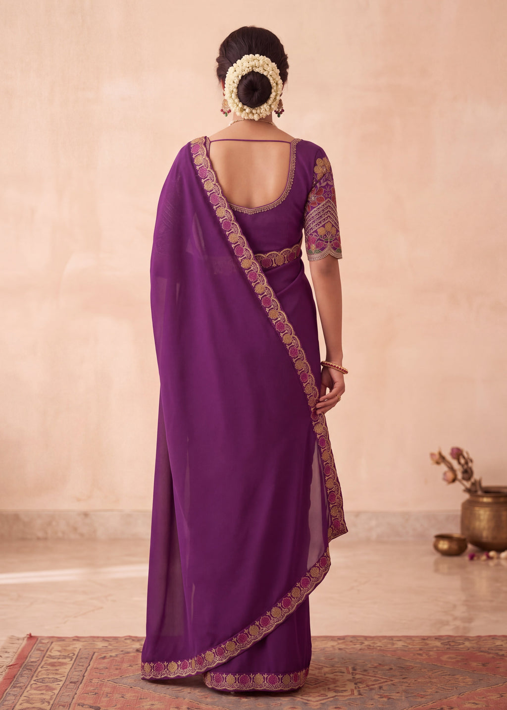 Floral Embroidered Saree with Scalloped Border