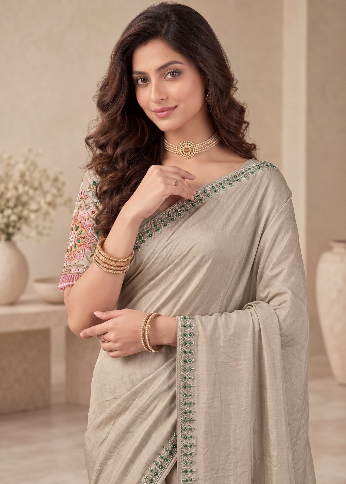 Embroidered NC Satin Saree with Designer Blouse