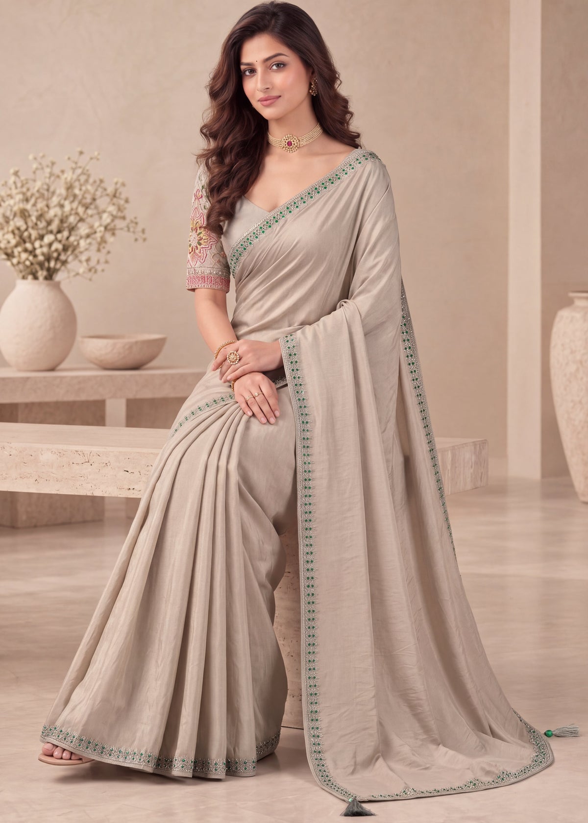 Embroidered NC Satin Saree with Designer Blouse