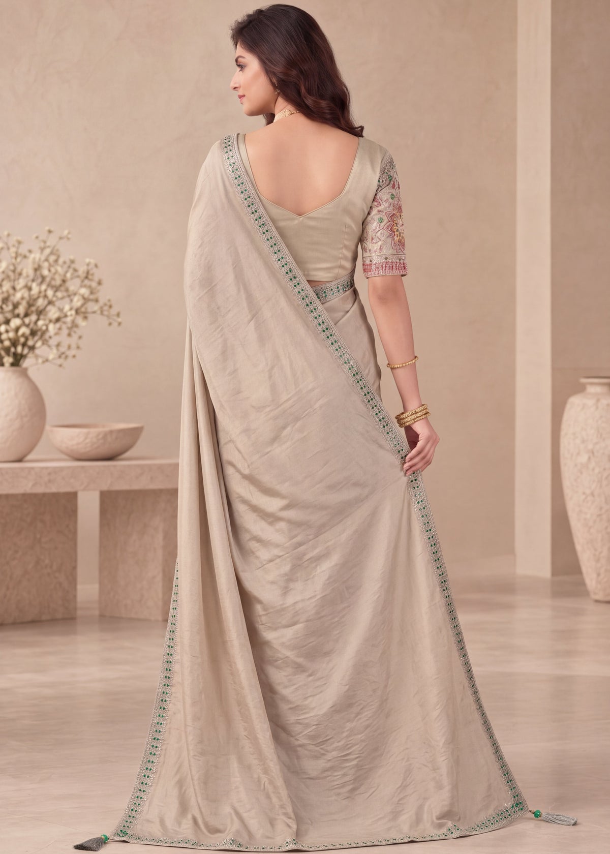 Embroidered NC Satin Saree with Designer Blouse