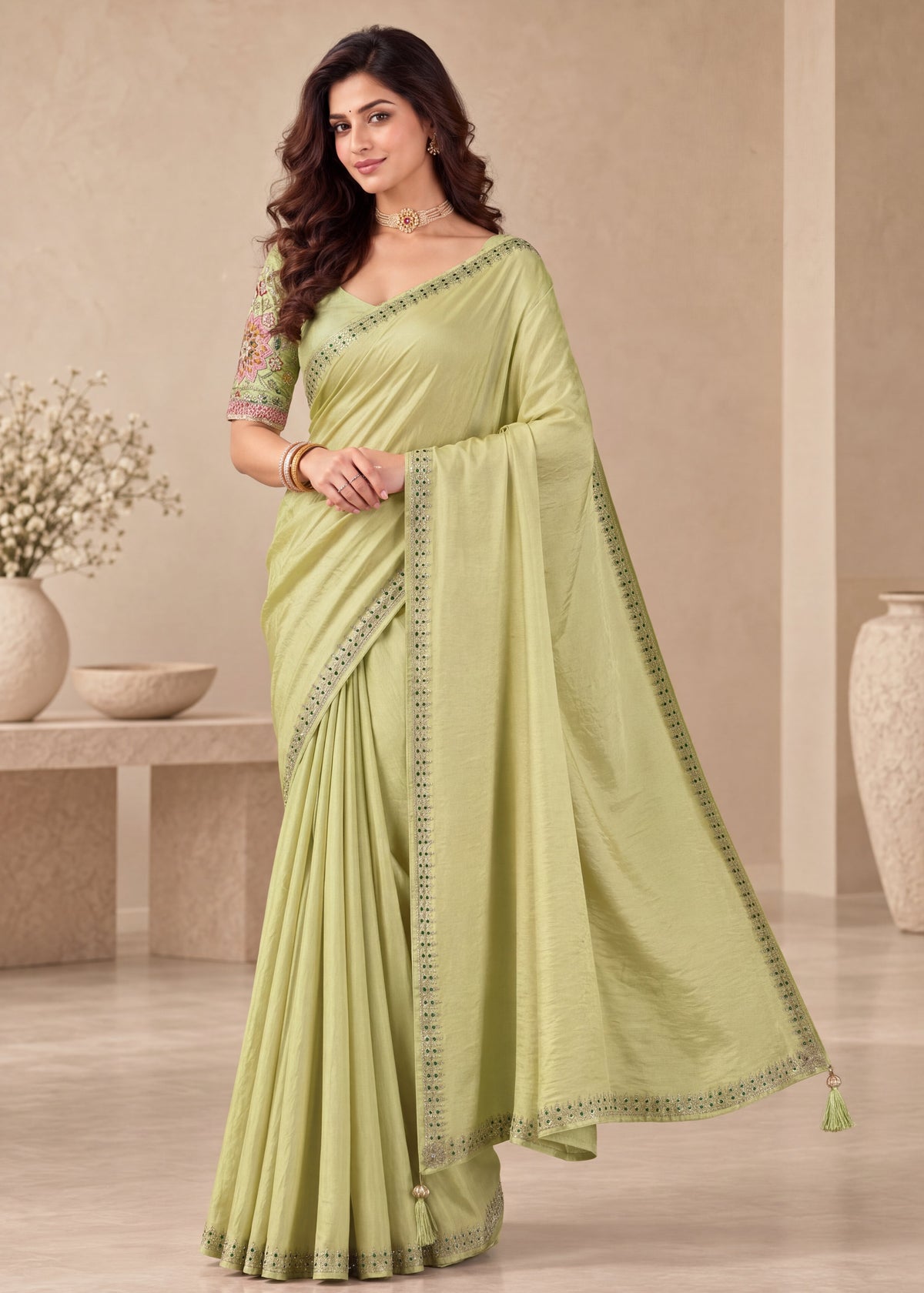 Embroidered NC Satin Saree with Designer Blouse