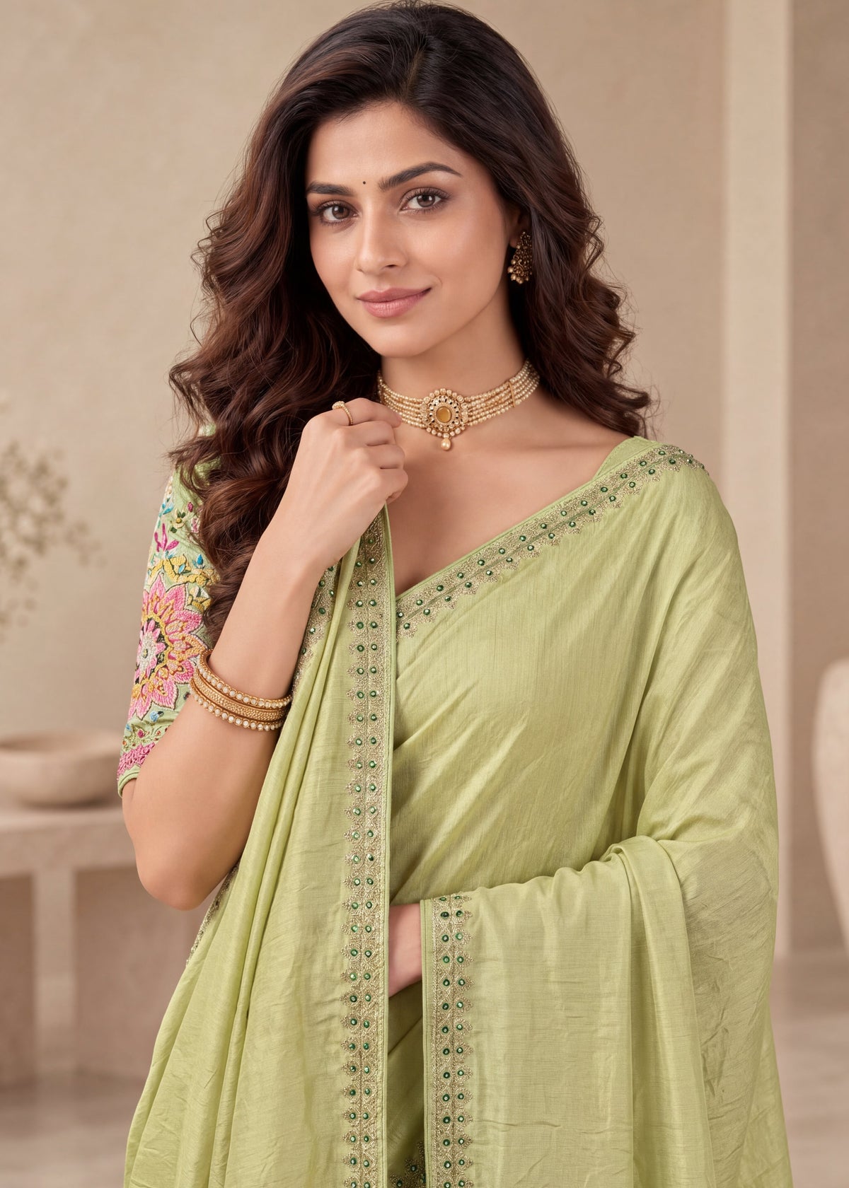 Embroidered NC Satin Saree with Designer Blouse