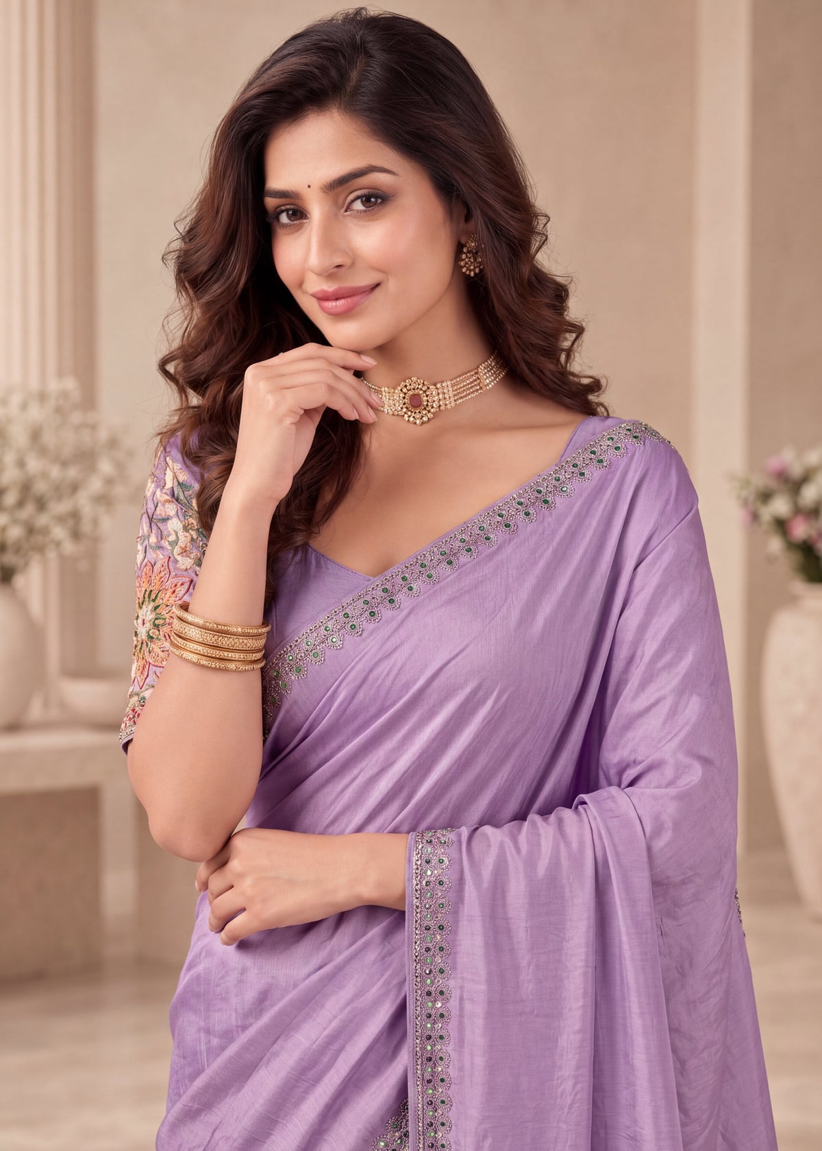 Embroidered NC Satin Saree with Designer Blouse