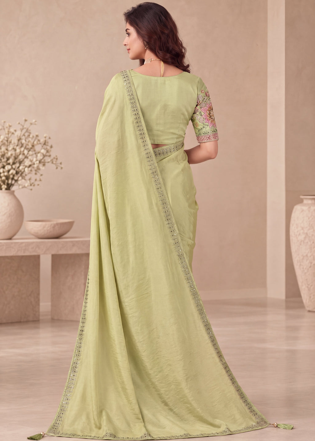 Embroidered NC Satin Saree with Designer Blouse