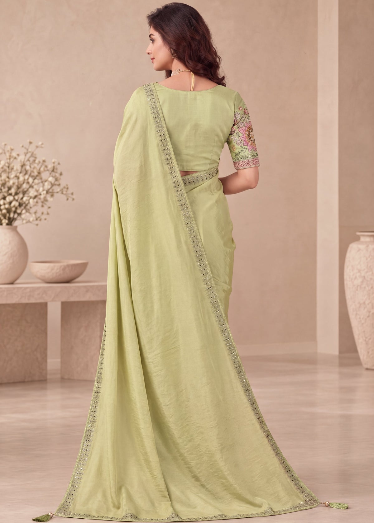 Embroidered NC Satin Saree with Designer Blouse
