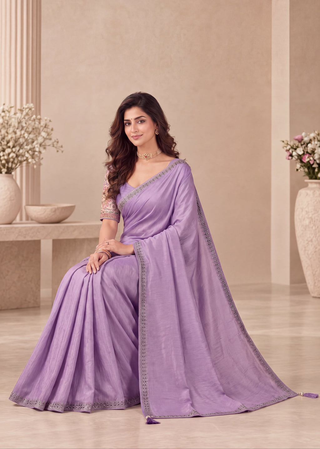 Embroidered NC Satin Saree with Designer Blouse