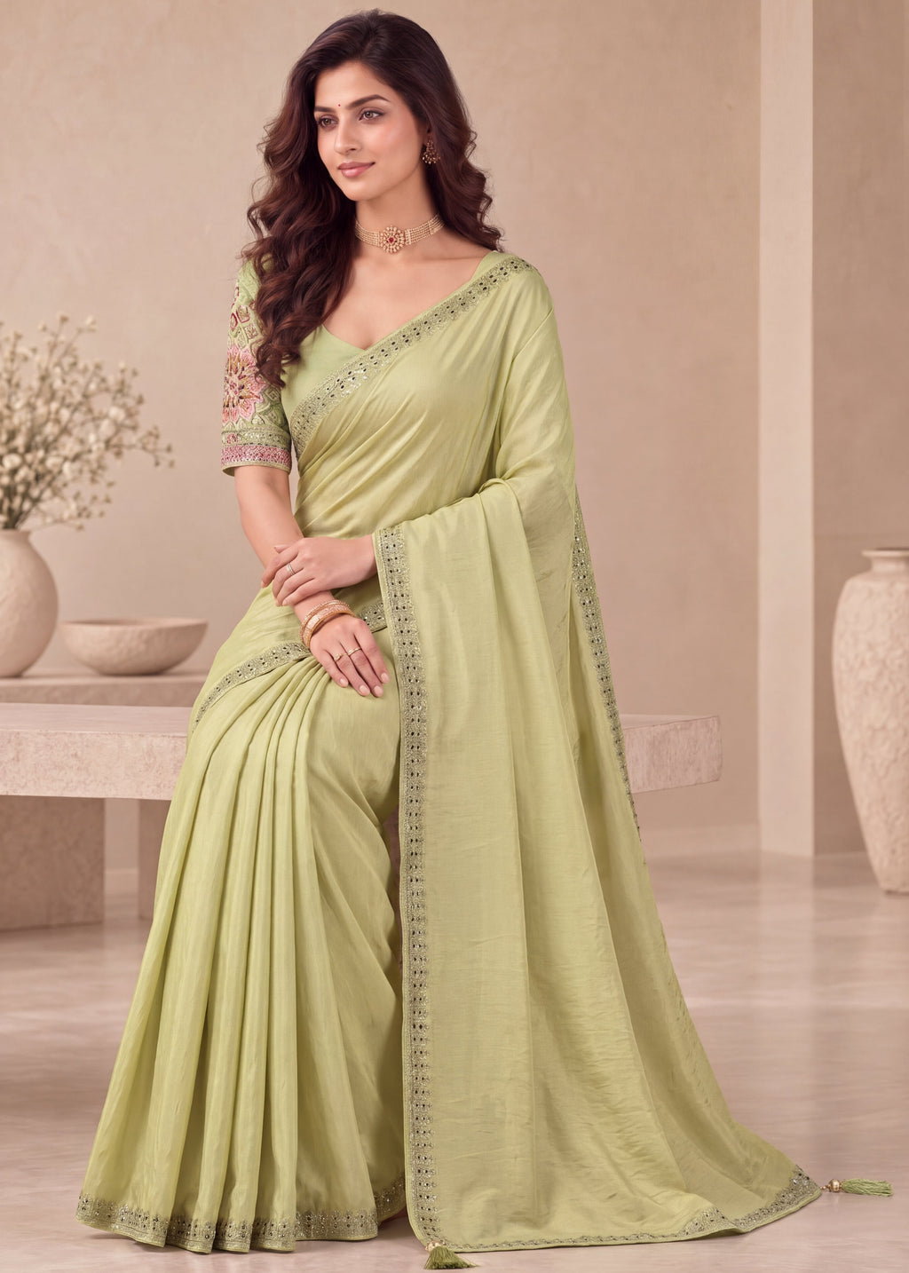 Embroidered NC Satin Saree with Designer Blouse