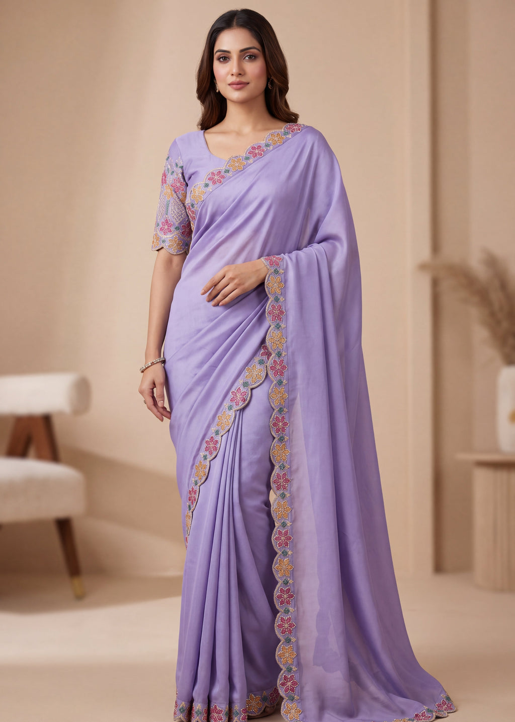 Designer Luxe Multicolour Embroidered Satin Saree