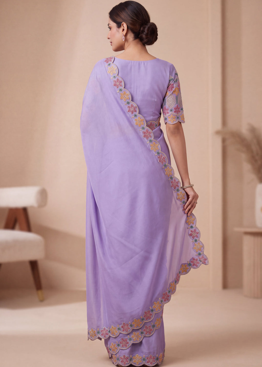 Designer Luxe Multicolour Embroidered Satin Saree