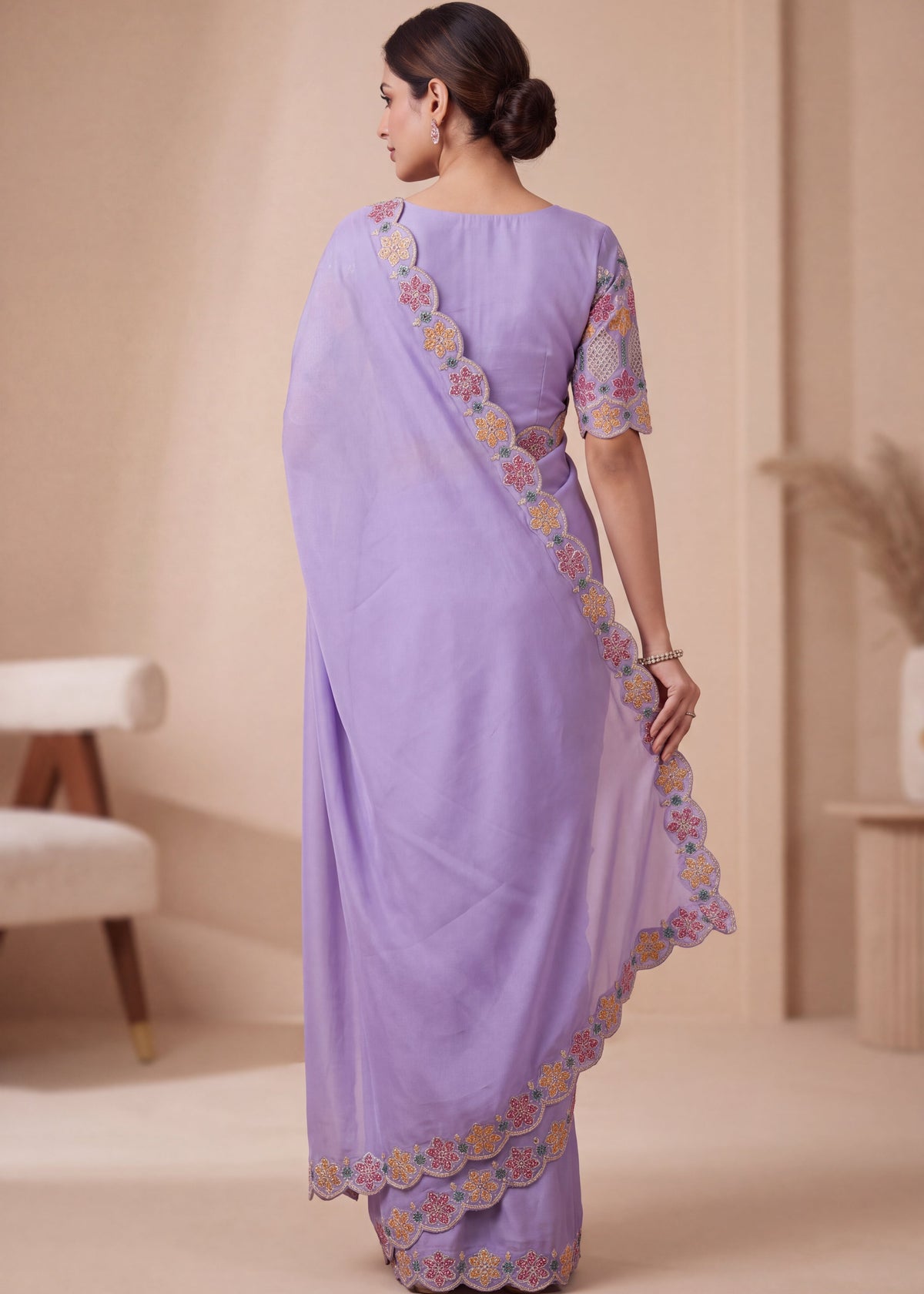 Designer Luxe Multicolour Embroidered Satin Saree